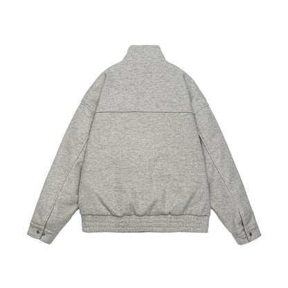 Men's short-cut boxy wool fleece jacket with high stand-up collar and full-length zipper EVA-US