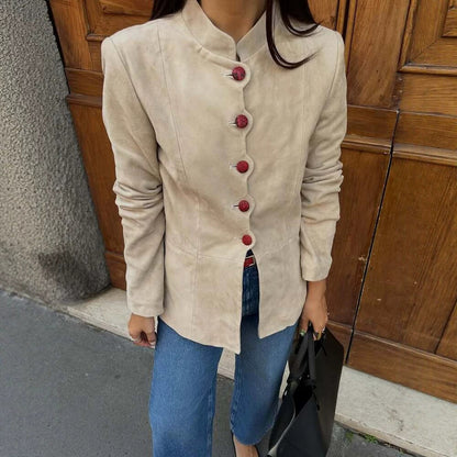 Women Tailored Suede Blazer with Stand Collar and Decorative Buttons EVA-US