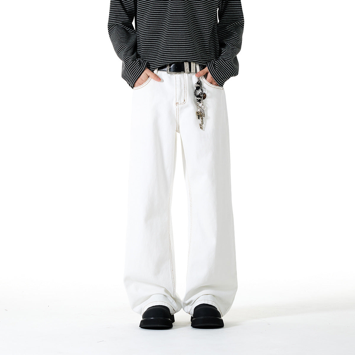 Women Wide Cropped Jeans with High Waist and Contrast Stitching EVA-US