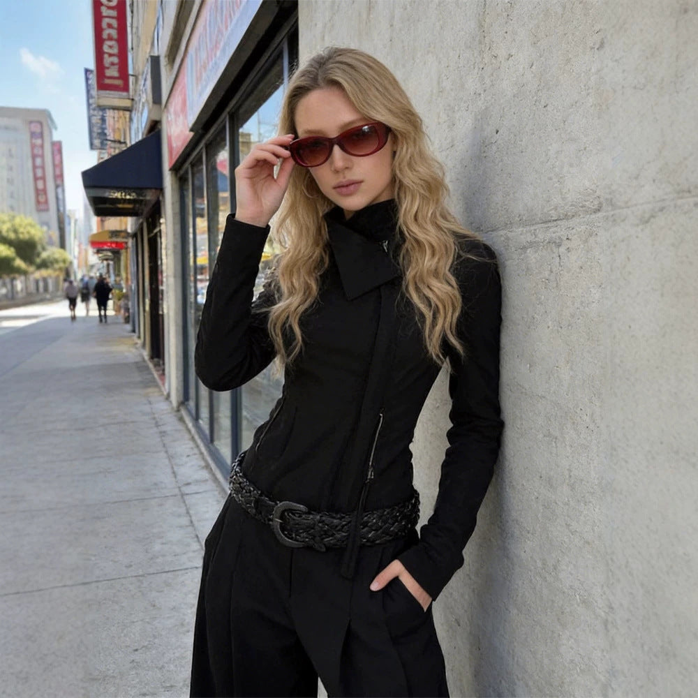 Women Tailored Zip Jacket with Asymmetrical Collar and Shaping Silhouette EVA-US