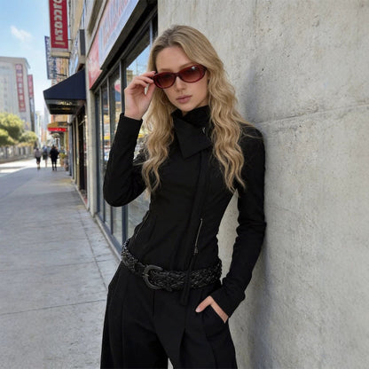 Women Tailored Zip Jacket with Asymmetrical Collar and Shaping Silhouette EVA-US