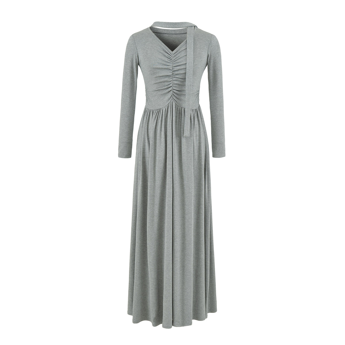 Women Long Jersey Maxi Dress with Gathering, V-Neck and Tied Scarf EVA-US