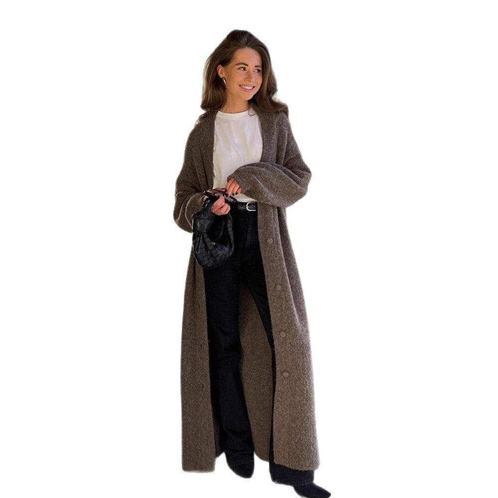 Women's Maxi Long Knit Coat in Mohair Look with Concealed Button Placket and Loose Silhouette EVA-US
