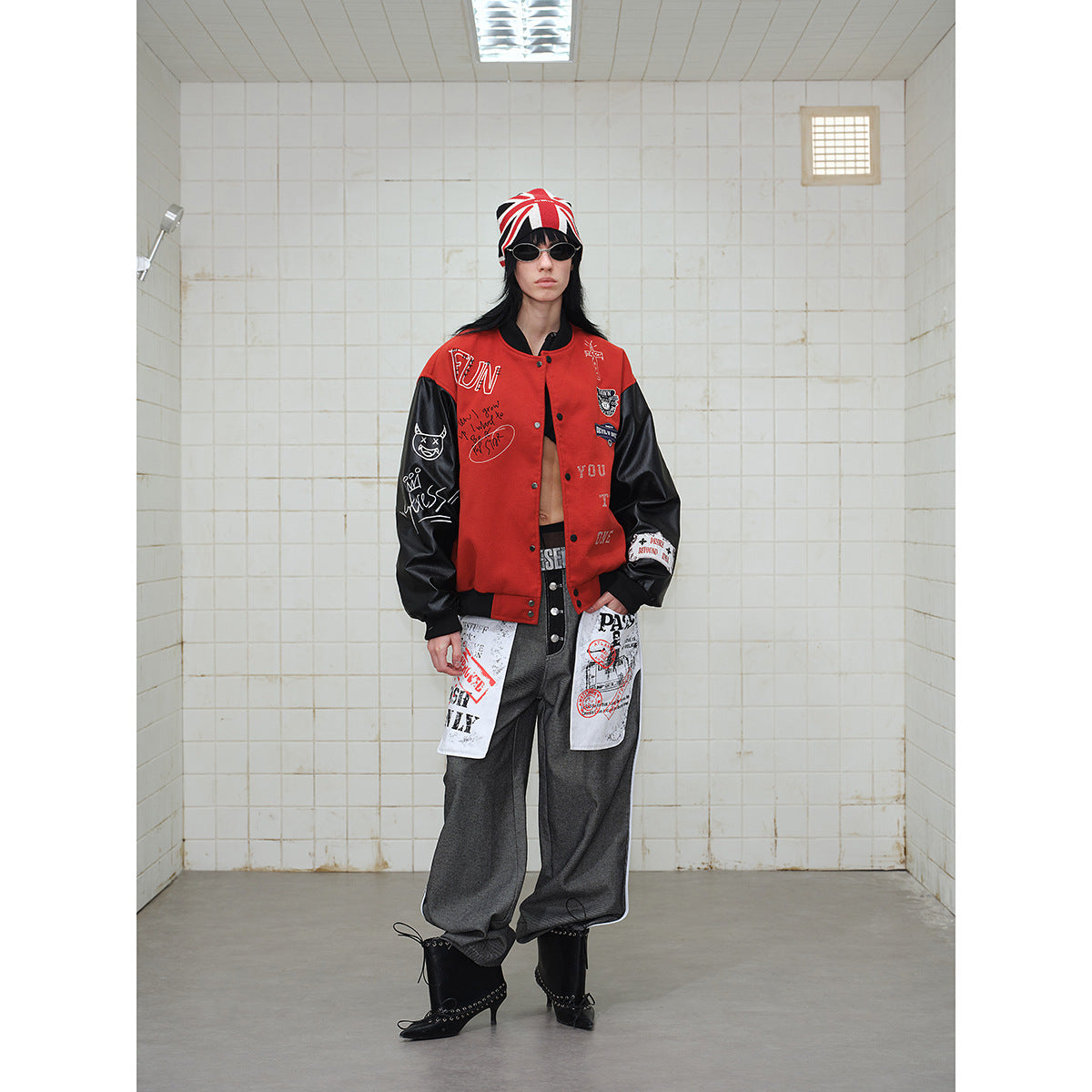 Unisex Varsity Bomber Jacket in College Look with Wool Blend Body and Faux Leather Sleeves EVA-US