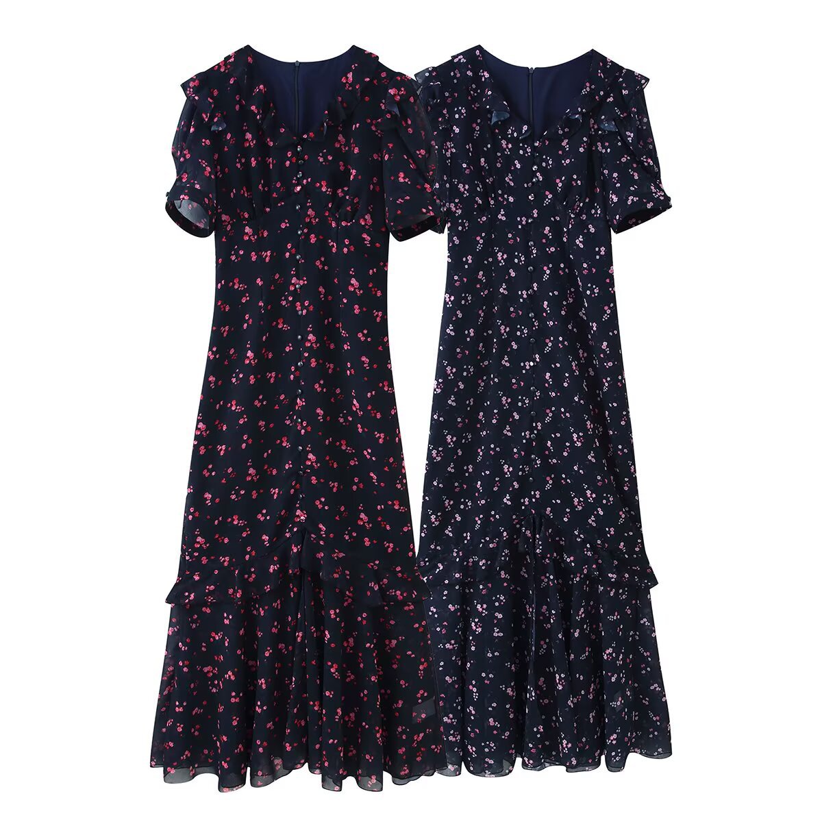 Women’s maxi dress with ruffles, V-neck and floral chiffon look EVA-US