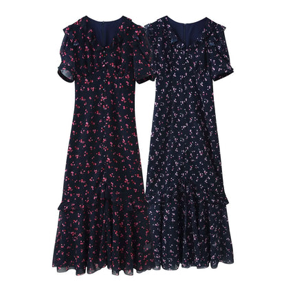 Women’s maxi dress with ruffles, V-neck and floral chiffon look EVA-US