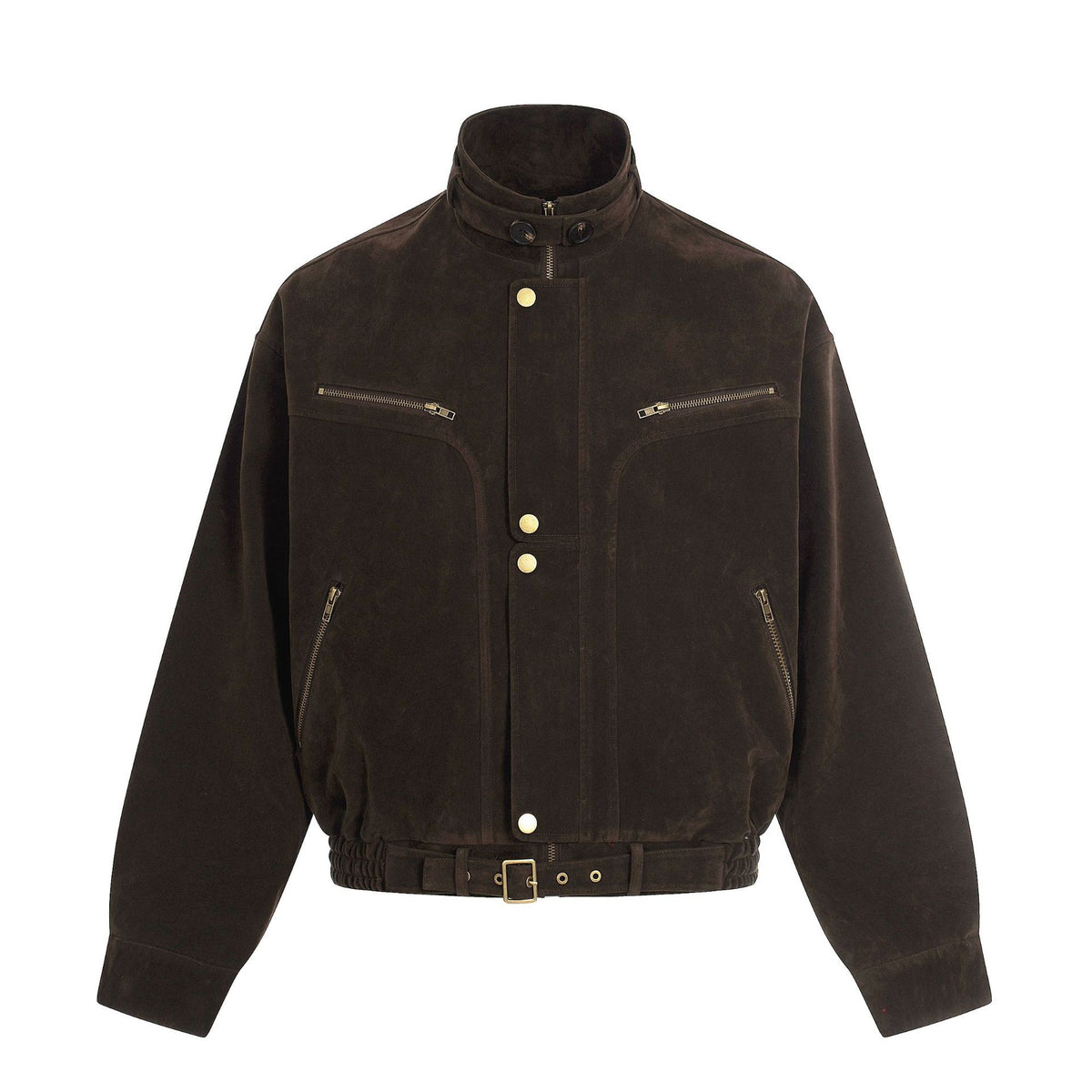 Men's suede aviator-style blouson with stand collar, waist belt, and zip pockets EVA-US