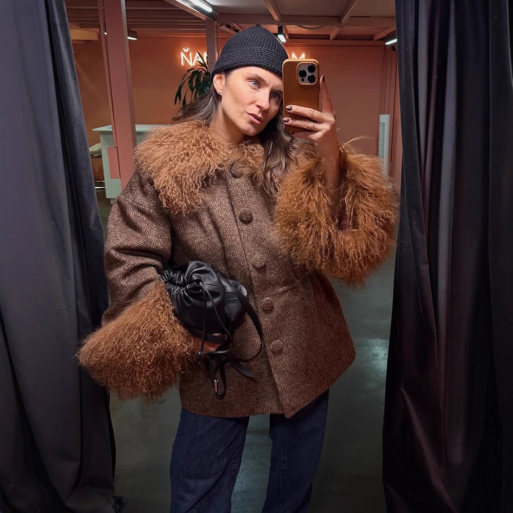 Women's Oversize Wool Blend Brand Coat with voluminous lamb fur imitation collar and extra wide sleeve cuffs EVA-US