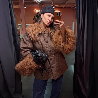 Women's Oversize Wool Blend Brand Coat with voluminous lamb fur imitation collar and extra wide sleeve cuffs EVA-US