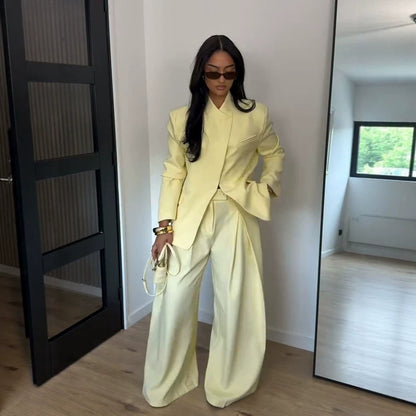 Women Two-Piece Oversized Blazer with Stand Collar and Wide Pleat Trousers EVA-US