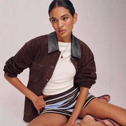 Women’s Oversized Utility Jacket in Suede-look with Contrast Collar & Flap Pockets EVA-US