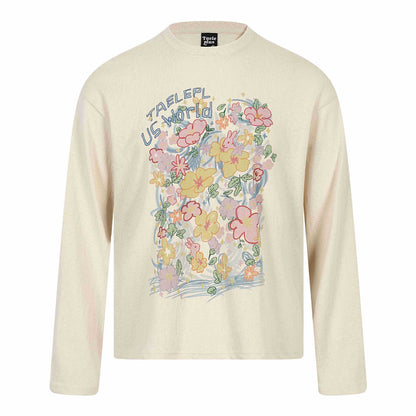 Unisex Relaxed-Fit Long Sleeve Shirt with Floral Illustration Graphic and Ribbed Round Neck EVA-US