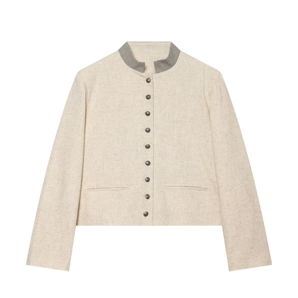 Women's cropped jacket in boxy cut with short stand-up collar and decorative button placket EVA-US