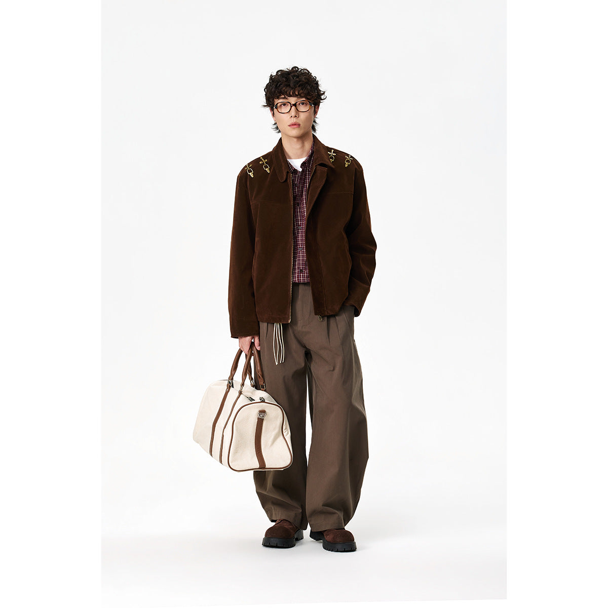 Men's short blouson made of velour optic with decorative metal fasteners on the shoulders EVA-US