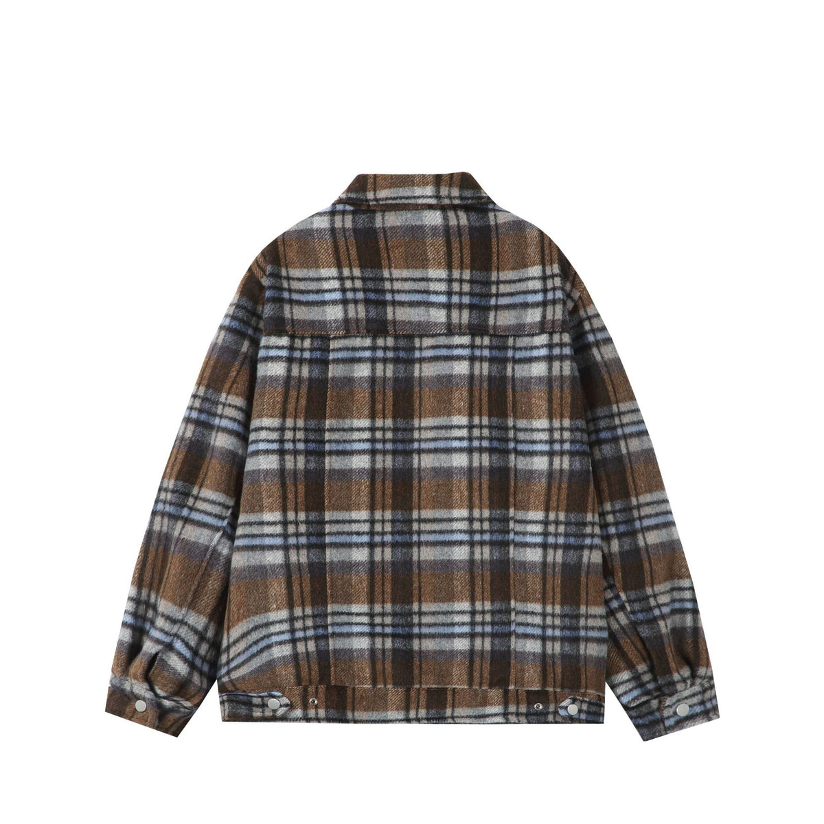Women's short-cut checked overshirt jacket made of wool mix with snap button front and flap pockets.