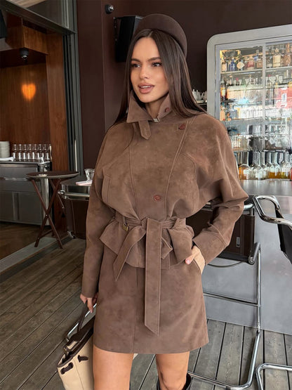 Women's Short Suede Set: Tailored Blouson with Stand Collar & Matching Mini Skirt EVA-US