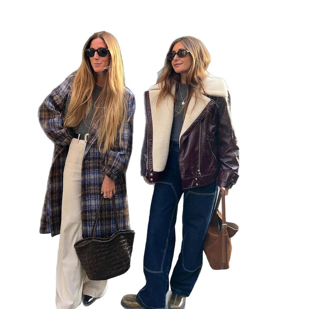 Women's Patent Leather Biker Jacket with Sherpa Lining and Oversized Cut EVA-US
