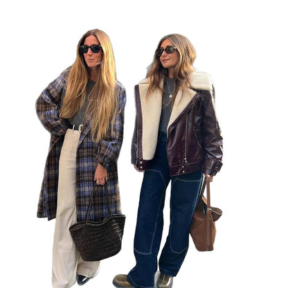 Women's Patent Leather Biker Jacket with Sherpa Lining and Oversized Cut EVA-US