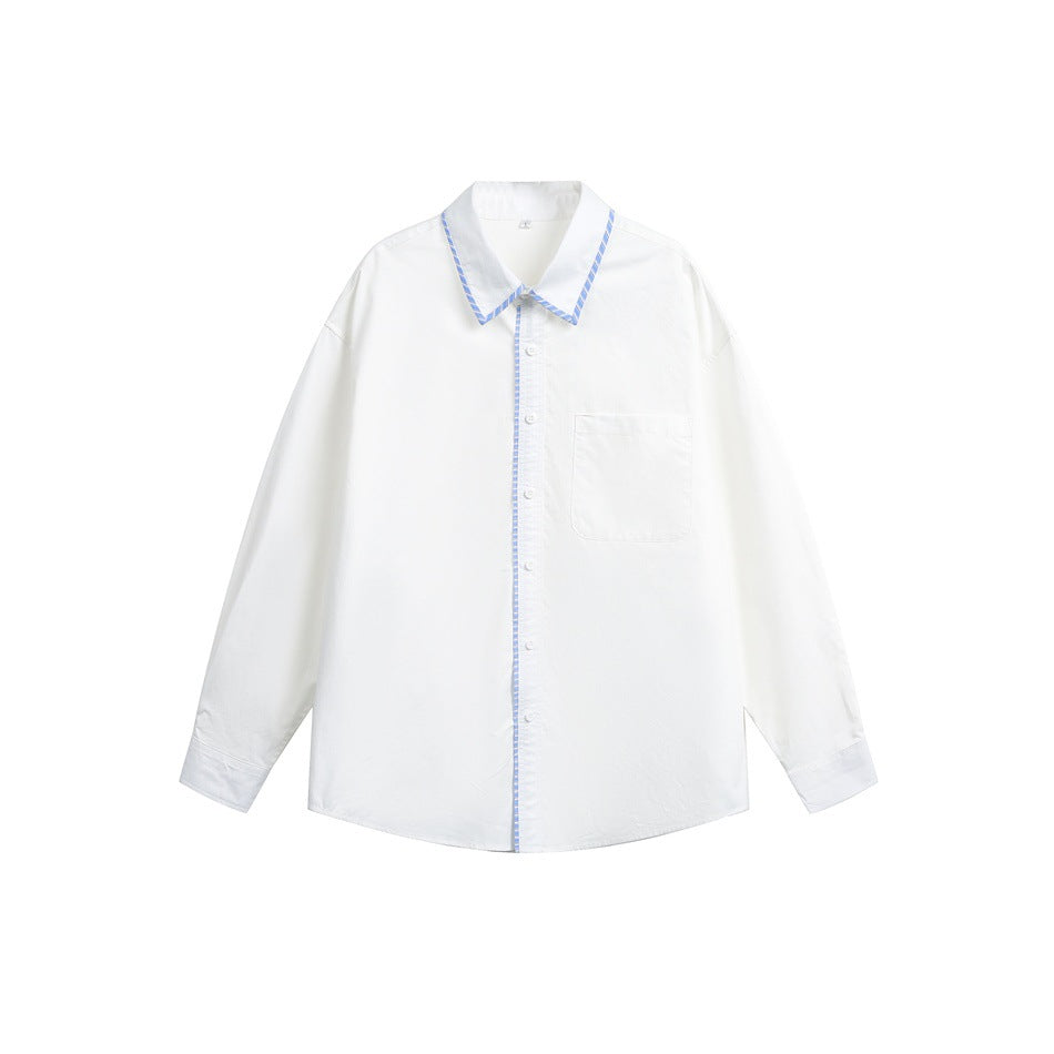 Women's Oversized Shirt Blouse with Contrasting Collar Piping and Chest Pocket EVA-US