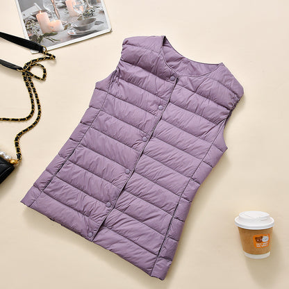 Women's Lightweight Quilted Down Vest with Stand-Up Collar and Snap Button Placket EVA-US