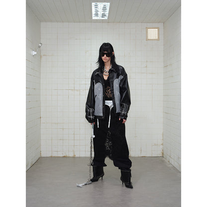 Unisex Boxy Blouson made of faux leather and wool blend with Western embroidery EVA-US