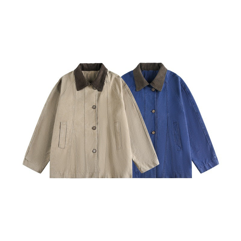 Unisex Short Cut Boxy Denim Jacket with Cord Collar and Tonal Decorative Stitches EVA-US