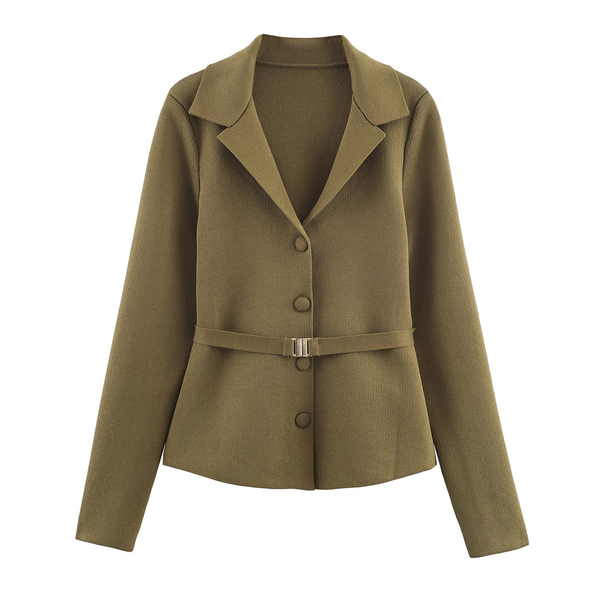 Women's Tailored Knit Blazer with Lapel Collar, Concealed Button Placket and Delicate Waist Belt EVA-US