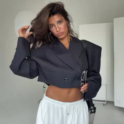 Women Cropped Boxy Blazer with Sculptured Shoulders and Boxy Silhouette EVA-US