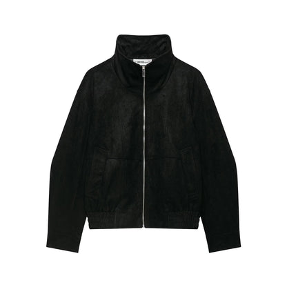 Women's suede look bomber jacket with funnel neck and elastic hem