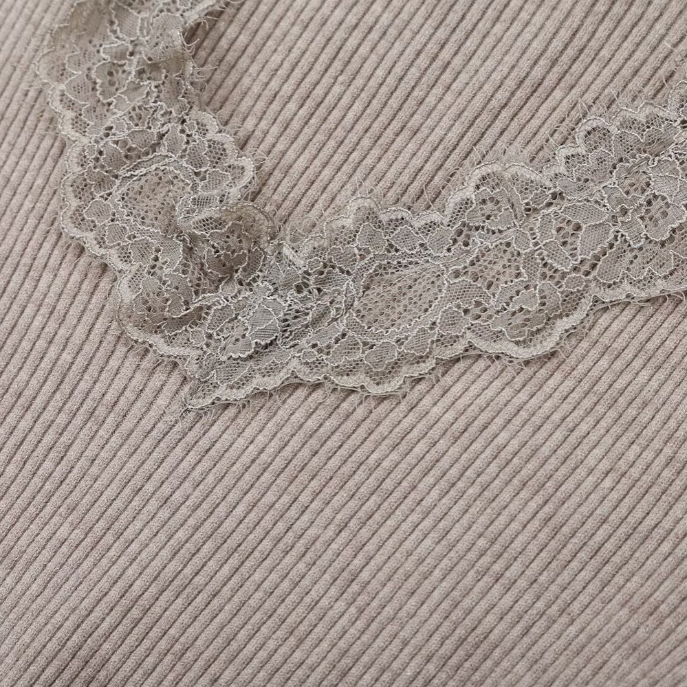 Women Two-Piece Ribbed Knit Set with Lace Trim EVA-US
