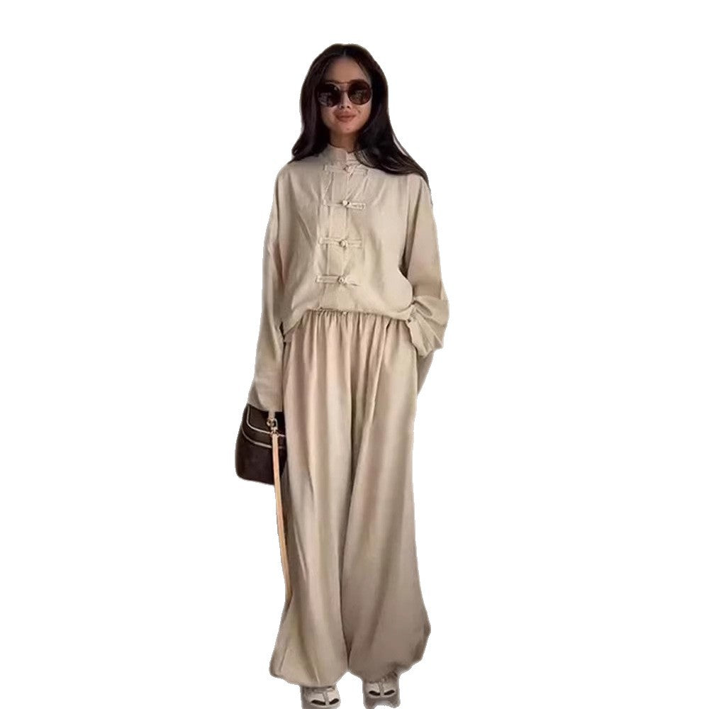 Women Two-Piece Oversized Lounge Set with Stand Collar and Decorative Knot Closures EVA-US