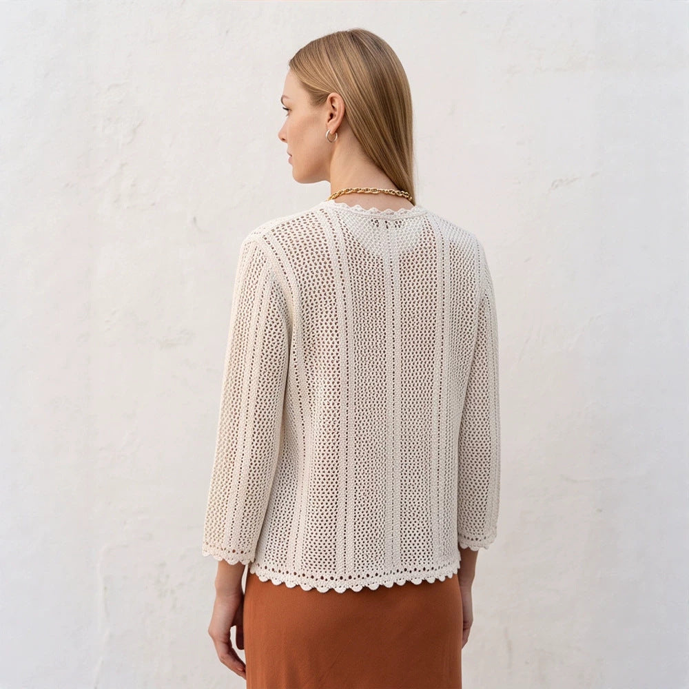 Women's crocheted short jacket with wavy hem, open front & 3/4 sleeves EVA-US