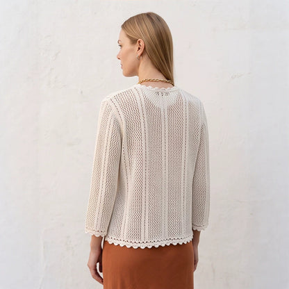 Women's crocheted short jacket with wavy hem, open front & 3/4 sleeves EVA-US