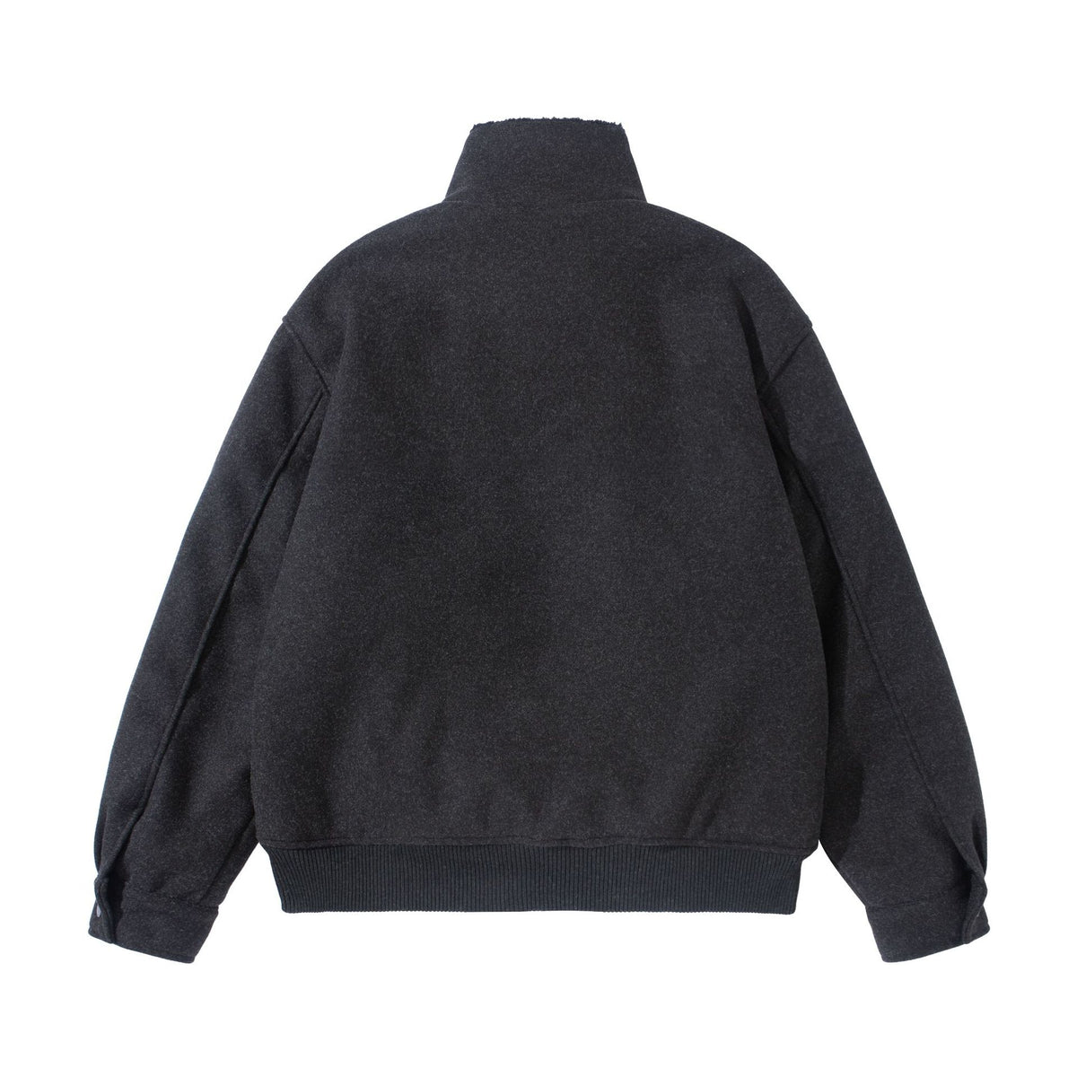 Unisex Boxy Wool Felt Bomber Jacket with High Stand-Up Collar, Fleece Lining and Ribbed Hem EVA-US