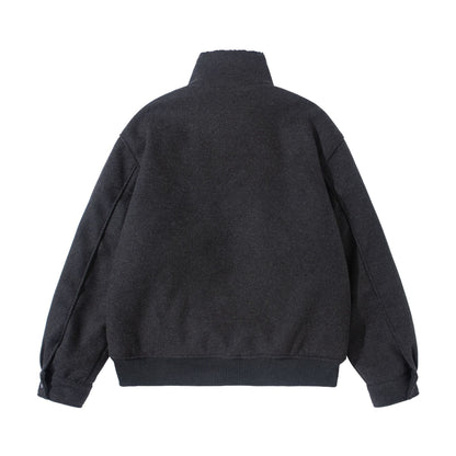 Unisex Boxy Wool Felt Bomber Jacket with High Stand-Up Collar, Fleece Lining and Ribbed Hem EVA-US