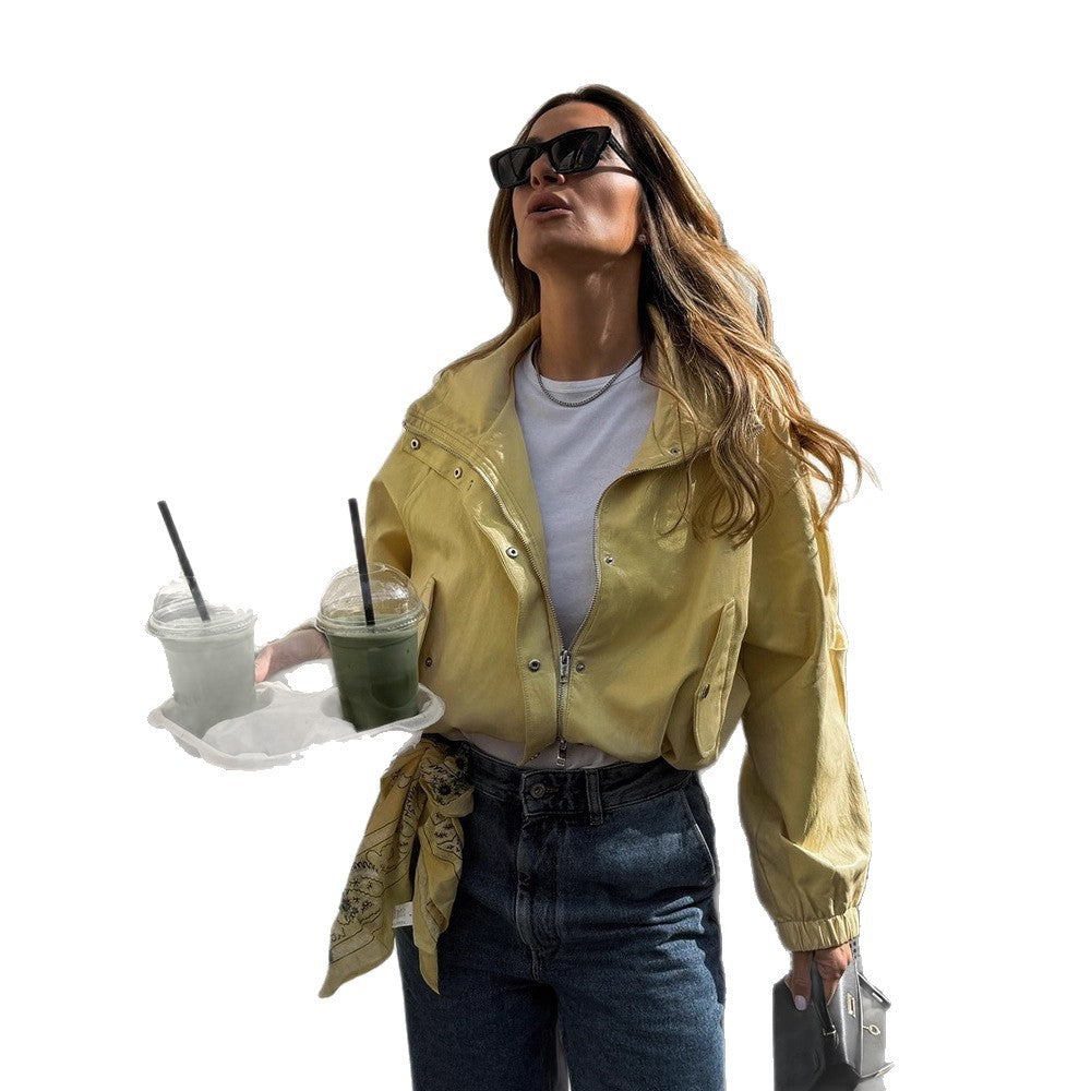 Women's Short Satin Look Bomber Jacket with Zipper, Snap Buttons & Elastic Cuffs EVA-US