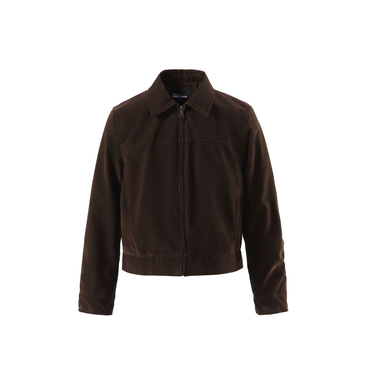 Men's short-cut velour-look blouson with shirt collar and concealed zip closure.