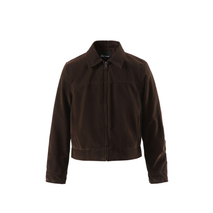 Men's short-cut velour-look blouson with shirt collar and concealed zip closure.