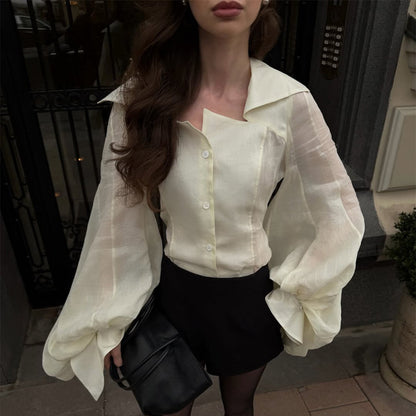 Women's Transparent Blouse Top with Tailored Corset Look and Voluminous Balloon Sleeves EVA-US