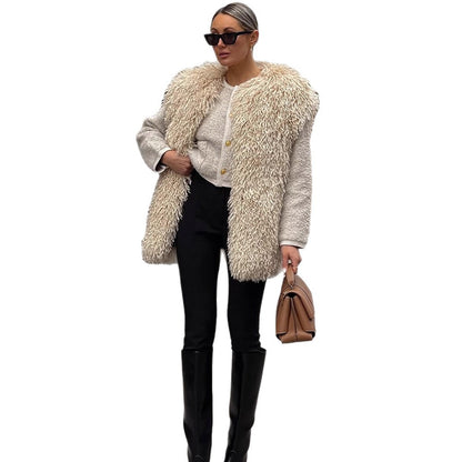 Women's Longer Cozy Faux Fur Vest with Shaggy Look and Front Pockets EVA-US