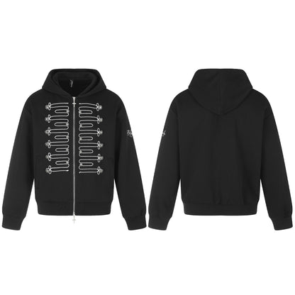 Unisex Hooded Zip Jacket in Military Style with Decorative Cord Application and Cross Zipper EVA-US