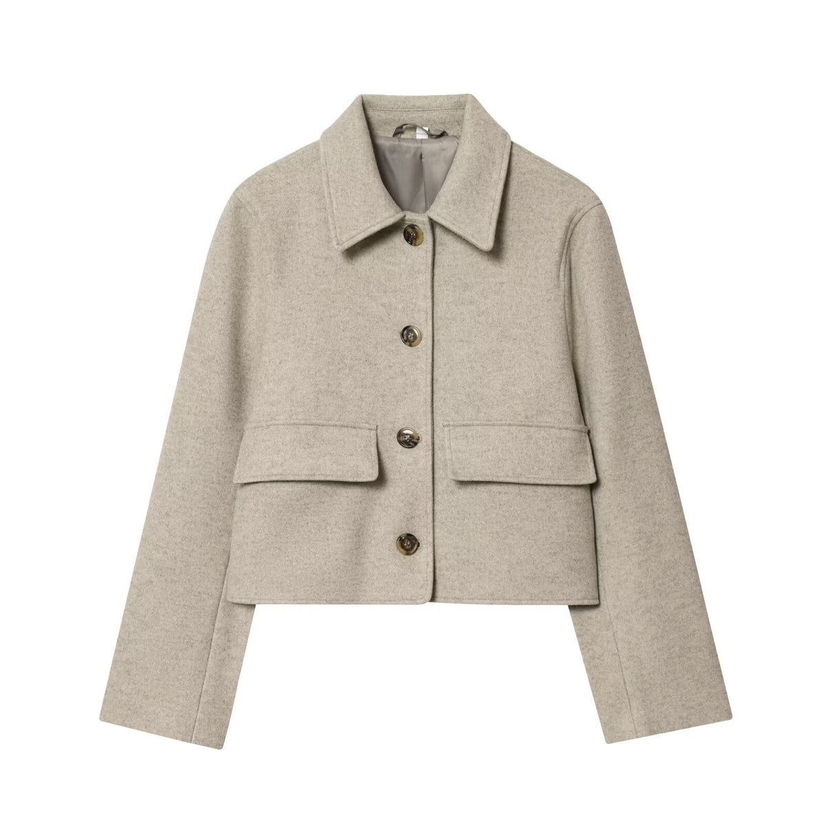 Women's short jacket made of wool blend with shirt collar, patch pockets, and boxy cropped silhouette EVA-US
