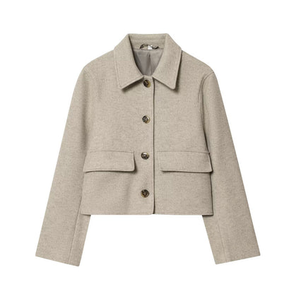 Women's short jacket made of wool blend with shirt collar, patch pockets, and boxy cropped silhouette EVA-US