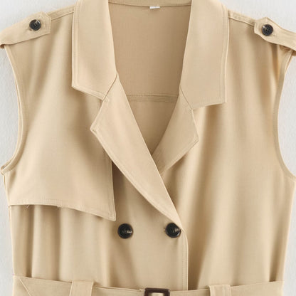 Women's Sleeveless Tailored Trench Dress with Tie Belt and Flap Pockets EVA-US