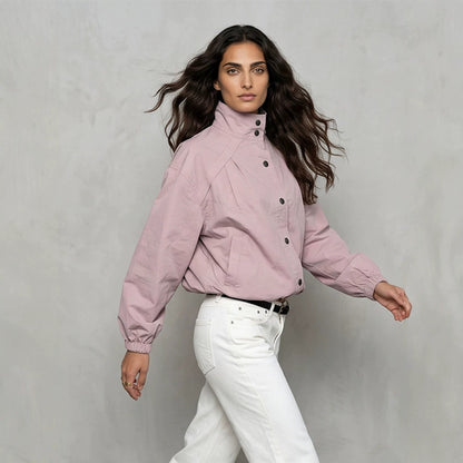 Ladies Short Boxy Bomber Jacket with Stand Collar and Snap Button Closure EVA-US