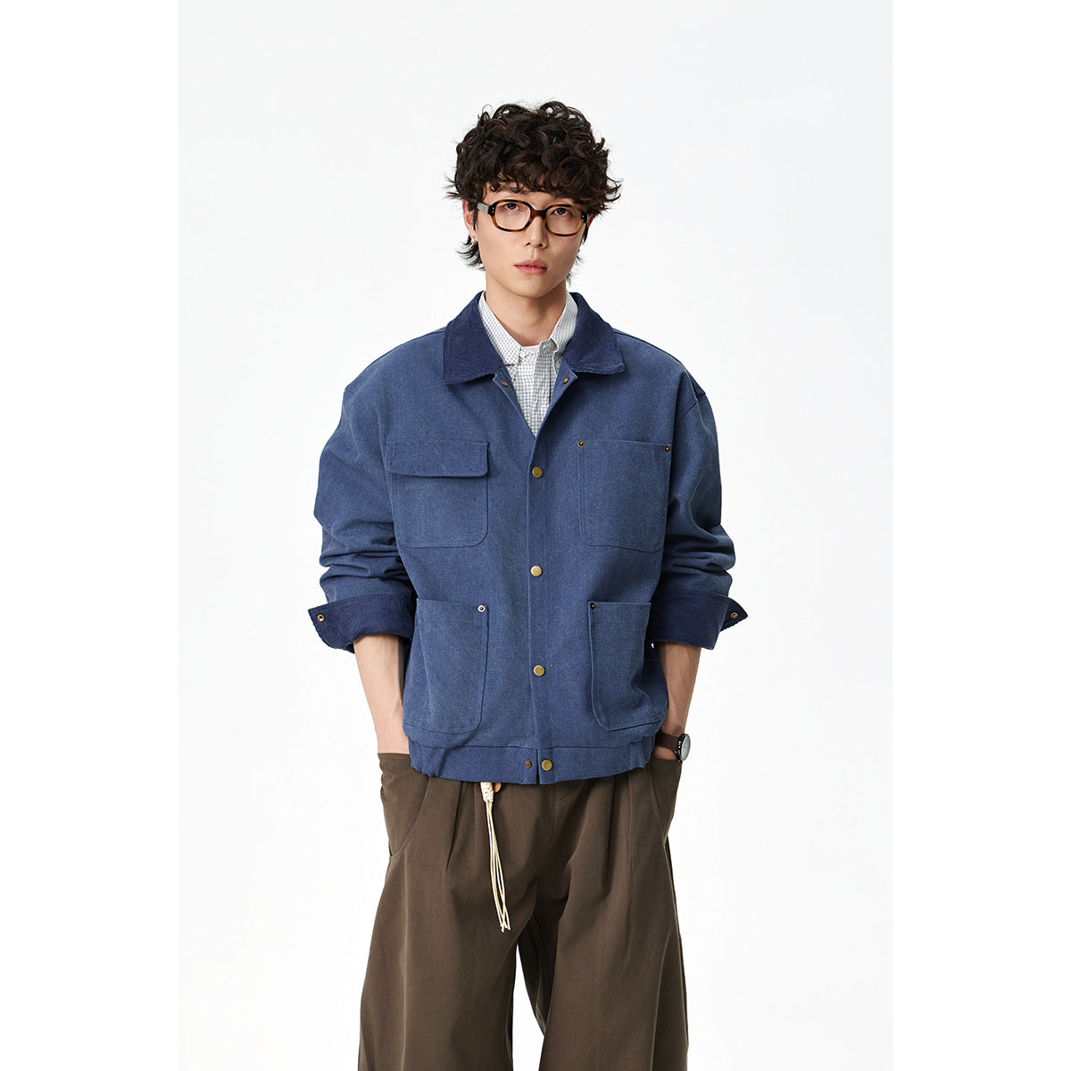 Unisex Short Cut Canvas Field Jacket with Cord Collar and Four Patch Pockets EVA-US