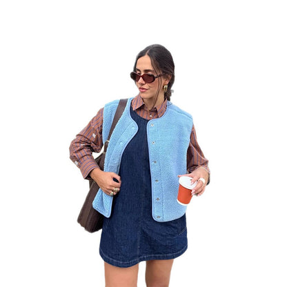 Ladies padded teddy fleece vest with snap buttons and rounded hem EVA-US