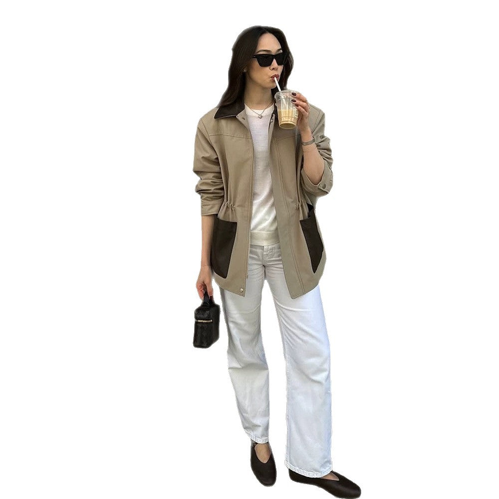 Women Boxy Field Jacket with contrast collar in leather look and appliqued pockets EVA-US