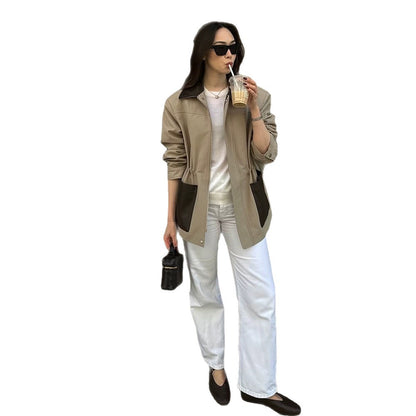 Women Boxy Field Jacket with contrast collar in leather look and appliqued pockets EVA-US