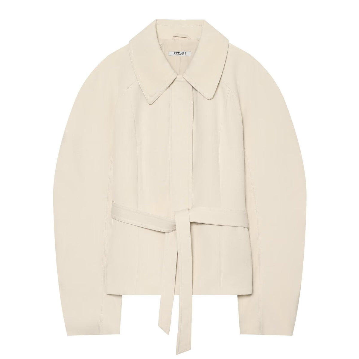 Women's cropped jacket in minimalist trench style with wide shirt collar and tie belt EVA-US